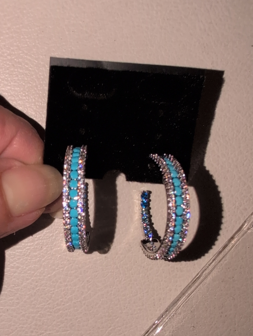 Turquoise Color And Crystal Hoop Pierced Earrings